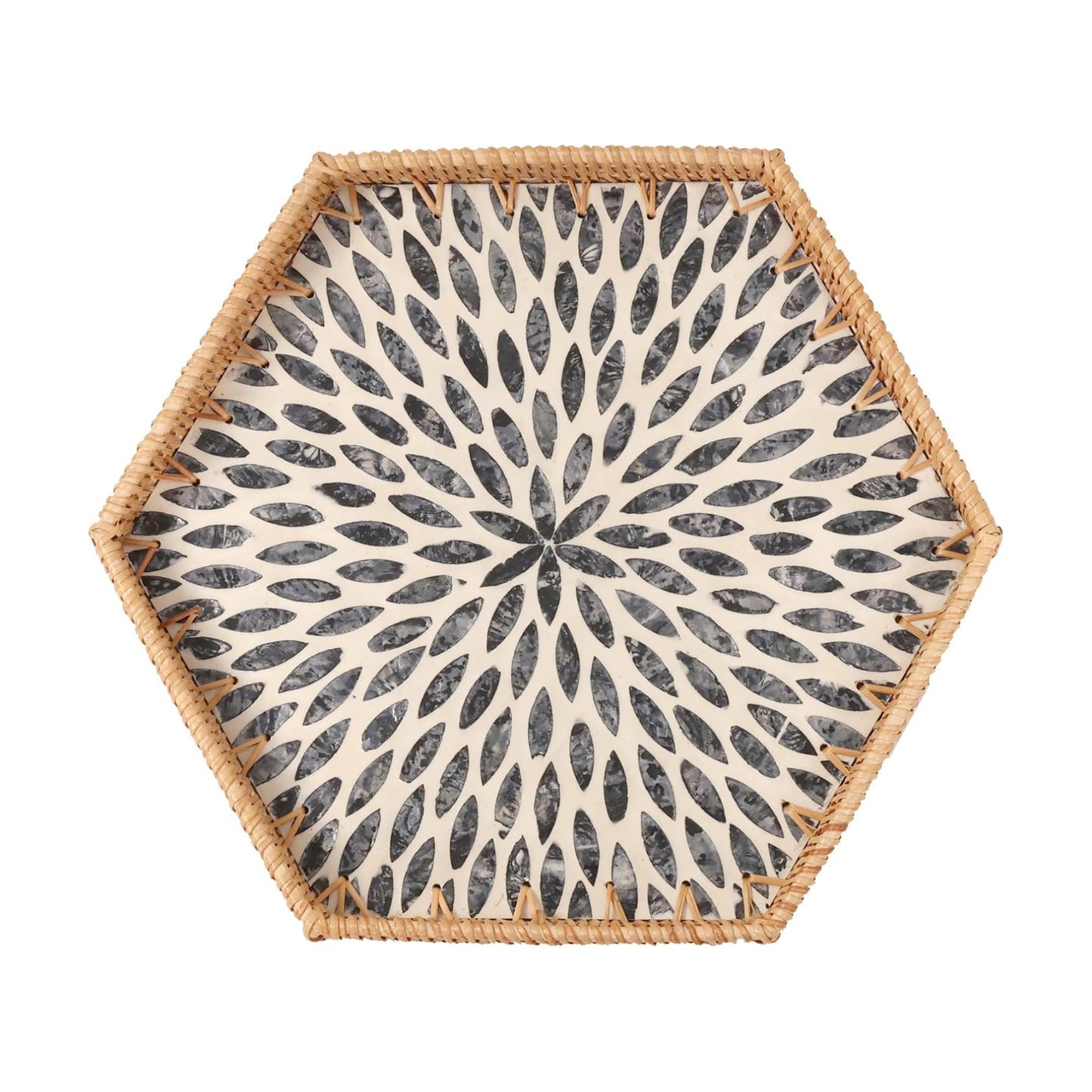 Hexagon Rattan Tray / Black Leaves