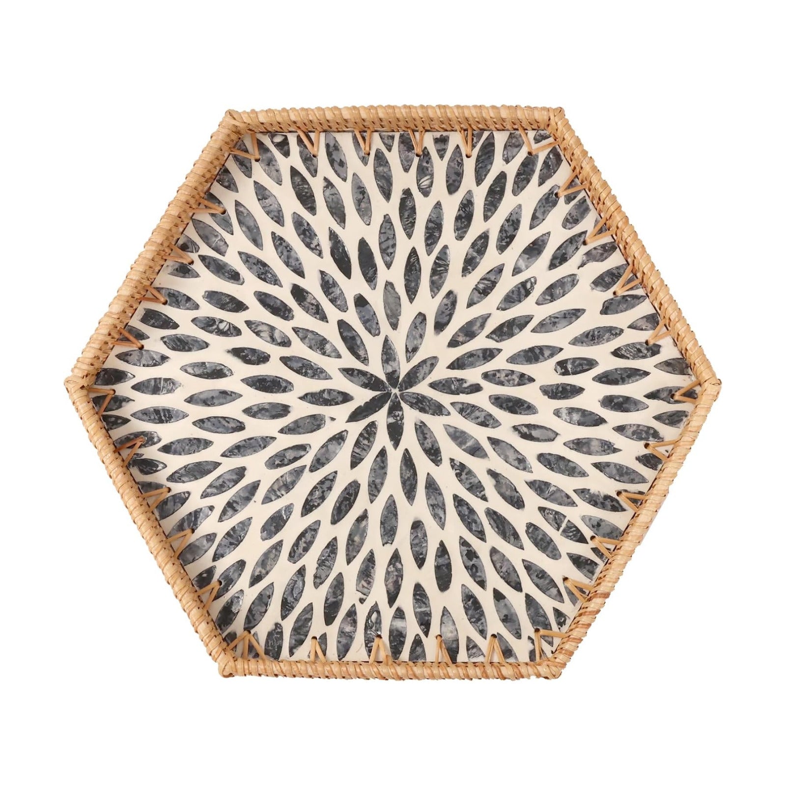 Hexagon Rattan Tray / Black Leaves