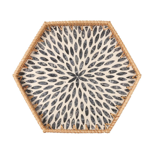 Hexagon Rattan Tray / Black Leaves