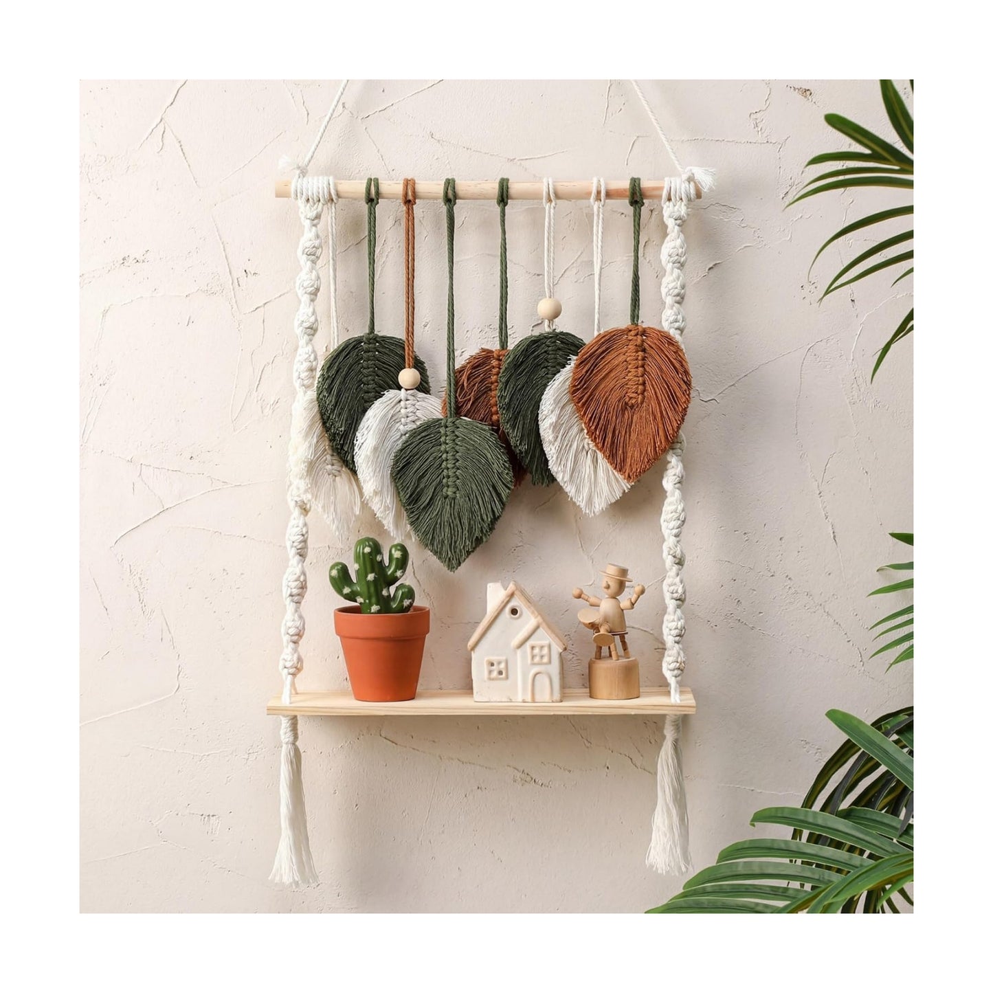 Single Tier Macrame Boho Wall Hanging Shelf Handmade Bohemian Wooden Woven Floating Storage Shelves