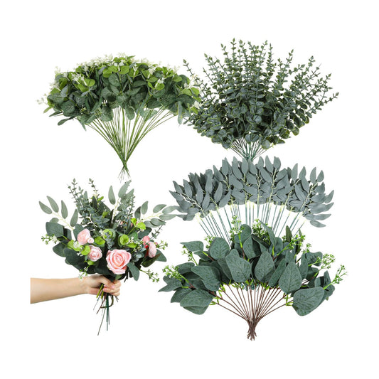 4 Kinds Mixed Artificial Eucalyptus Leaves Stems Bulk / Silver / Set of 150