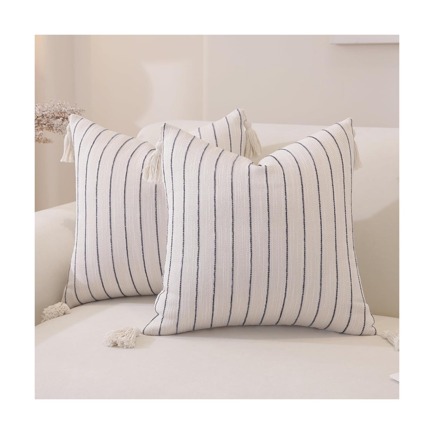 Decorative Boho Throw Pillow Covers / Navy Blue Striped / 18 x 18 / Set of 2