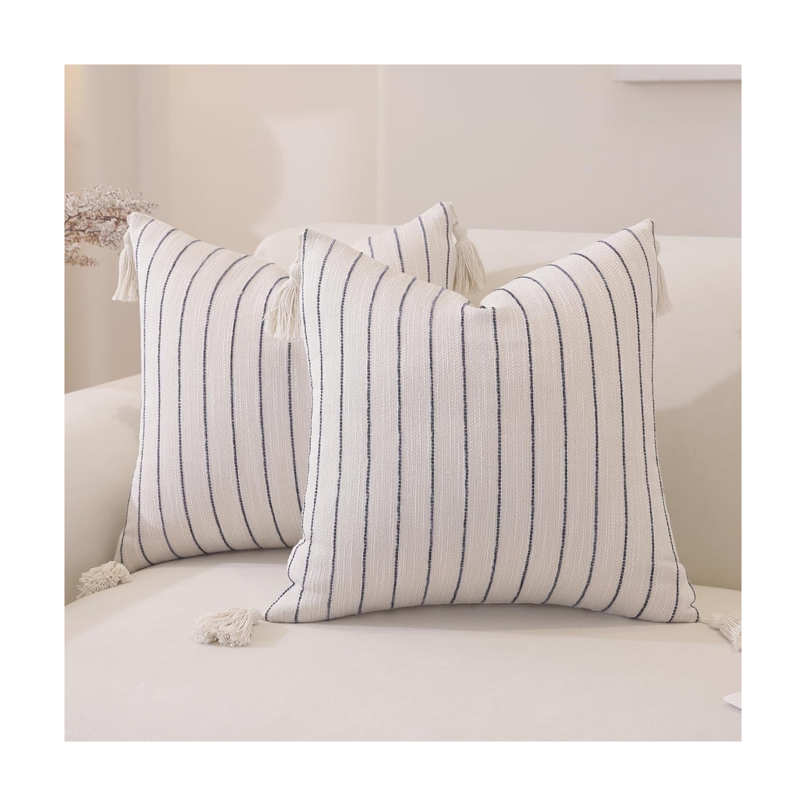 Decorative Boho Throw Pillow Covers / Navy Blue Striped / 18 x 18 / Set of 2