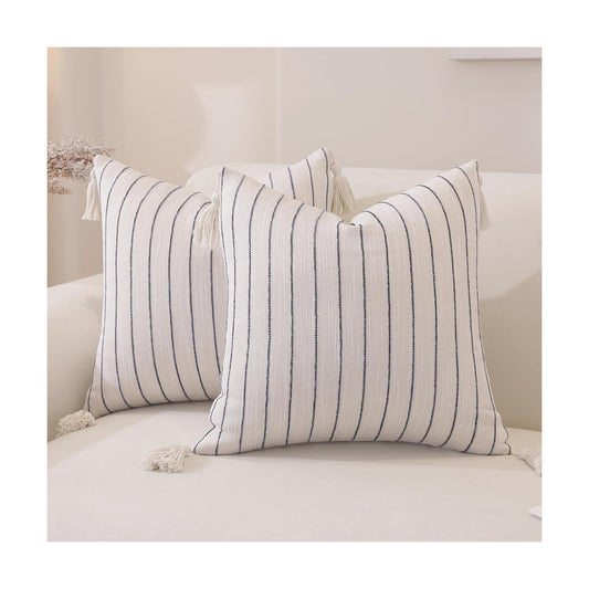 Decorative Boho Throw Pillow Covers / Navy Blue Striped / 18 x 18 / Set of 2