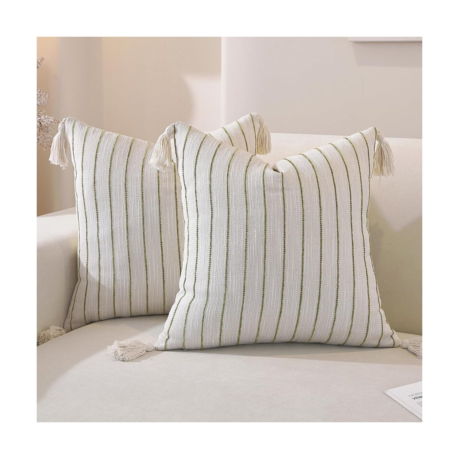 Decorative Boho Throw Pillow Covers / Dusky Green Striped / 18 x 18 / Set of 2