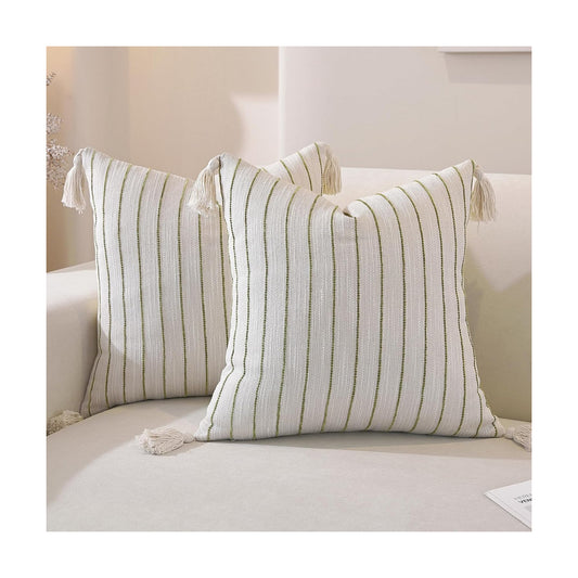 Decorative Boho Throw Pillow Covers / Dusky Green Striped / 18 x 18 / Set of 2