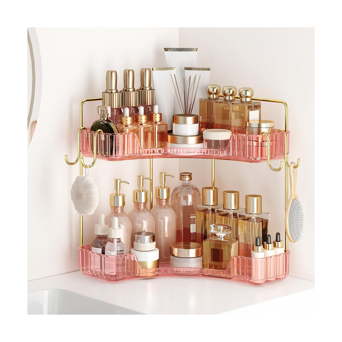 Delicate Pink 2-Tier Corner Counter Organizer Bathroom Organizers | Kitchen & Vanity Storage for PET Makeup Storage