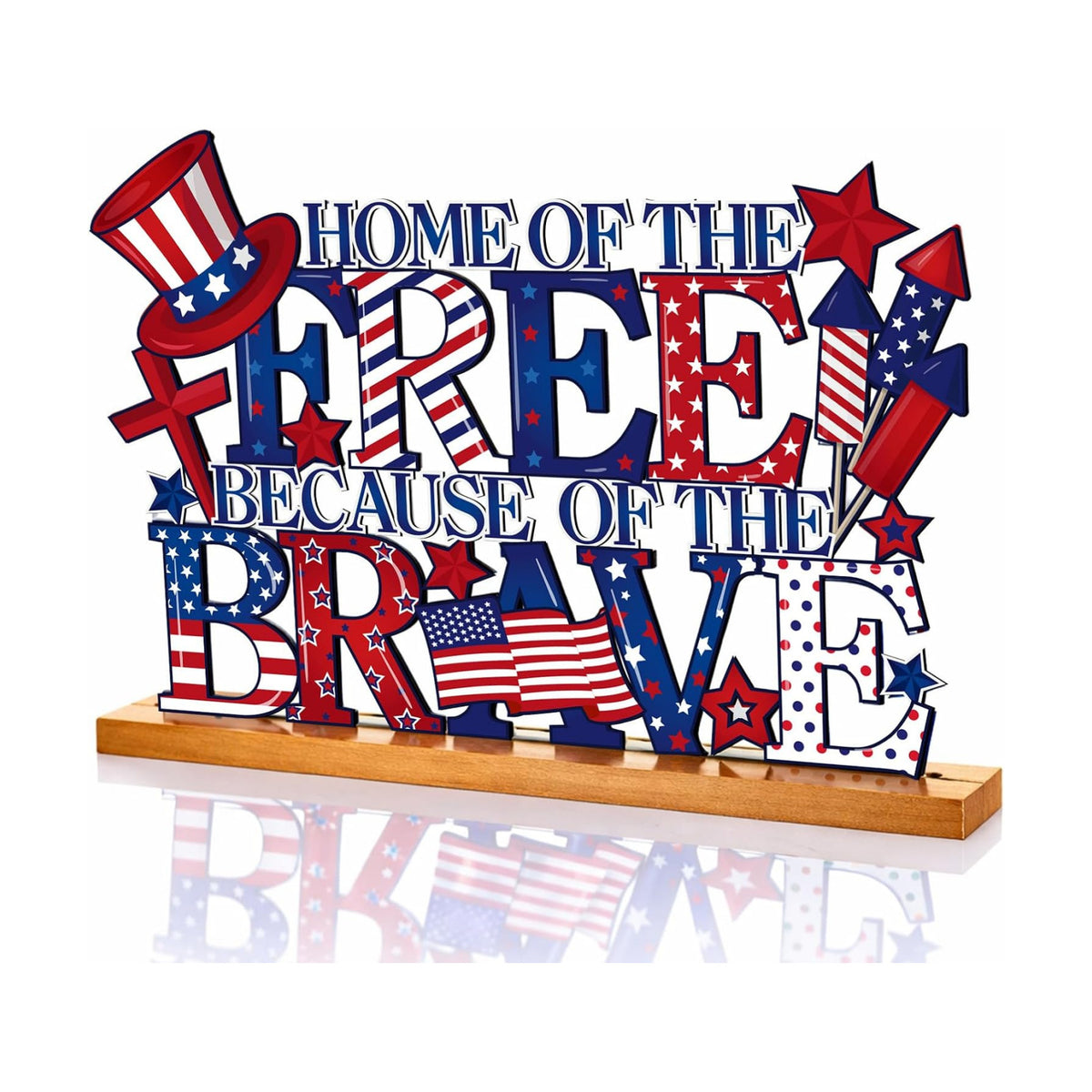 Cinnvoice Patriotic Memorial Table Decorations 11.8 Inch Metal 4th of July Sign Red White and Blue 250th Centerpieces with Wooden Base for Americana Veterans Day Party Supplies Shelf Office Home