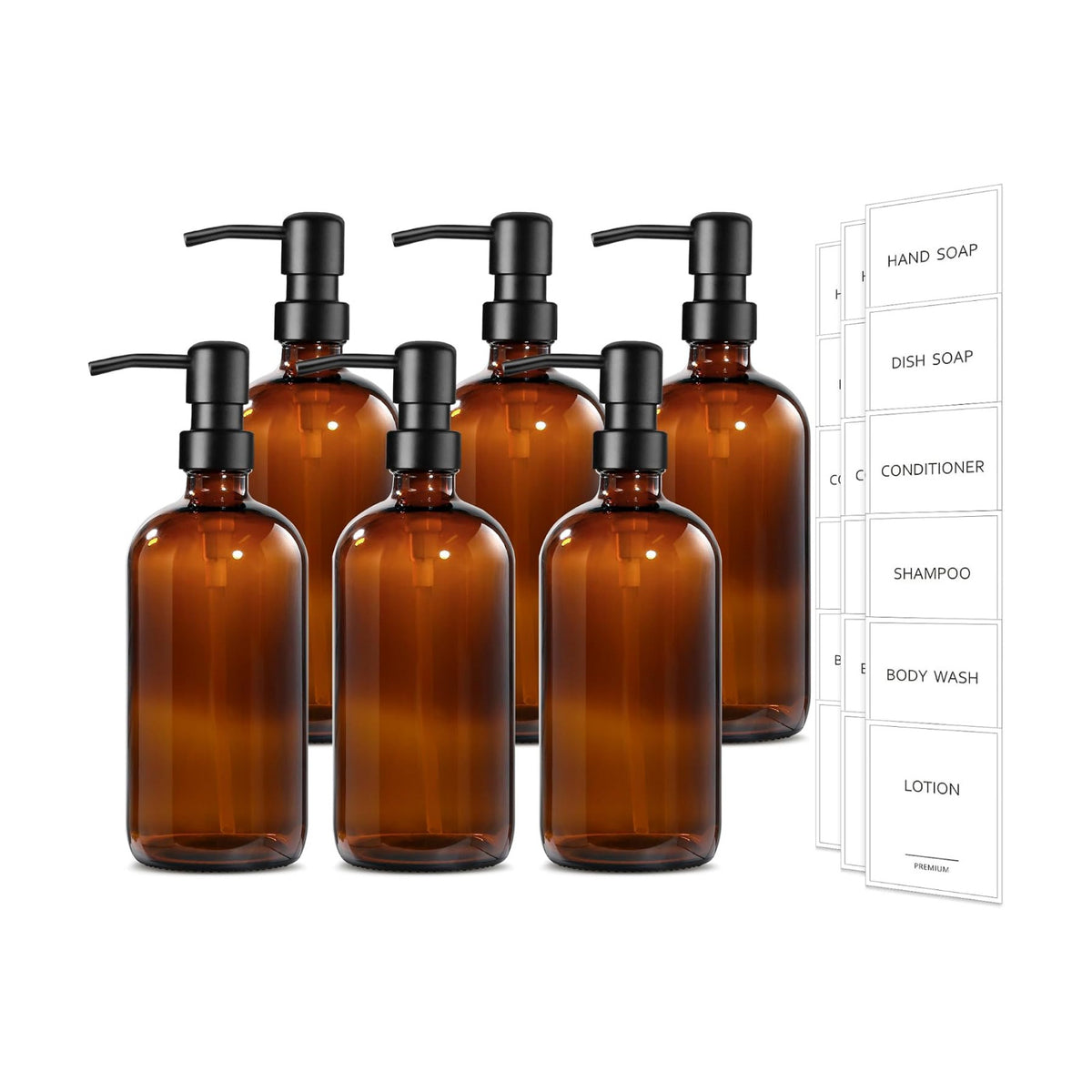 GMISUN Amber Glass Soap Dispenser, 6 Pack Bathroom Hand Soap Dispensers with Stainless Steel Pump, 17 Fl Oz Kitchen