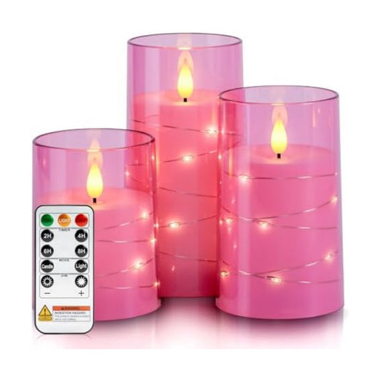 Homemory Flickering Flameless Candles, Pink LED Pillar Candles with Remote