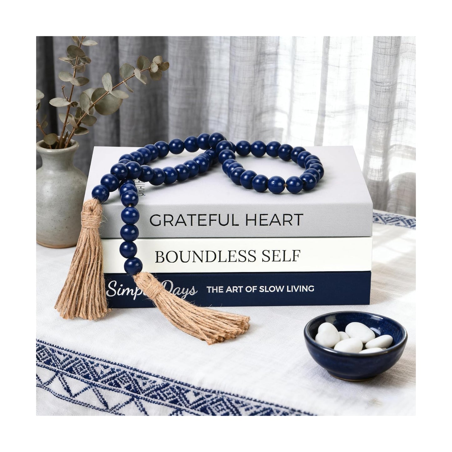 Navy Blue Decorative Books Minimalist Linen Hardcover Beaded / Navy Blue with Beads / Set of 3