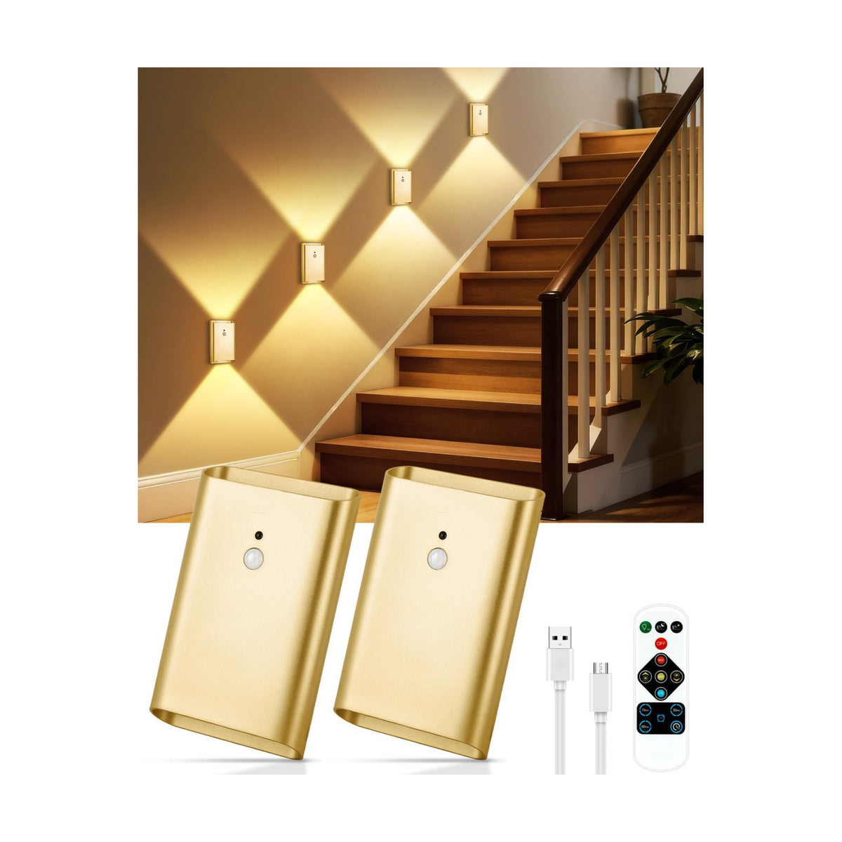 WERFOP Rechargeable Motion Sensor Wall Sconce Set of 2 (Gold) | 5000mAh Battery Operated Wall Light Indoor, 3 Colors