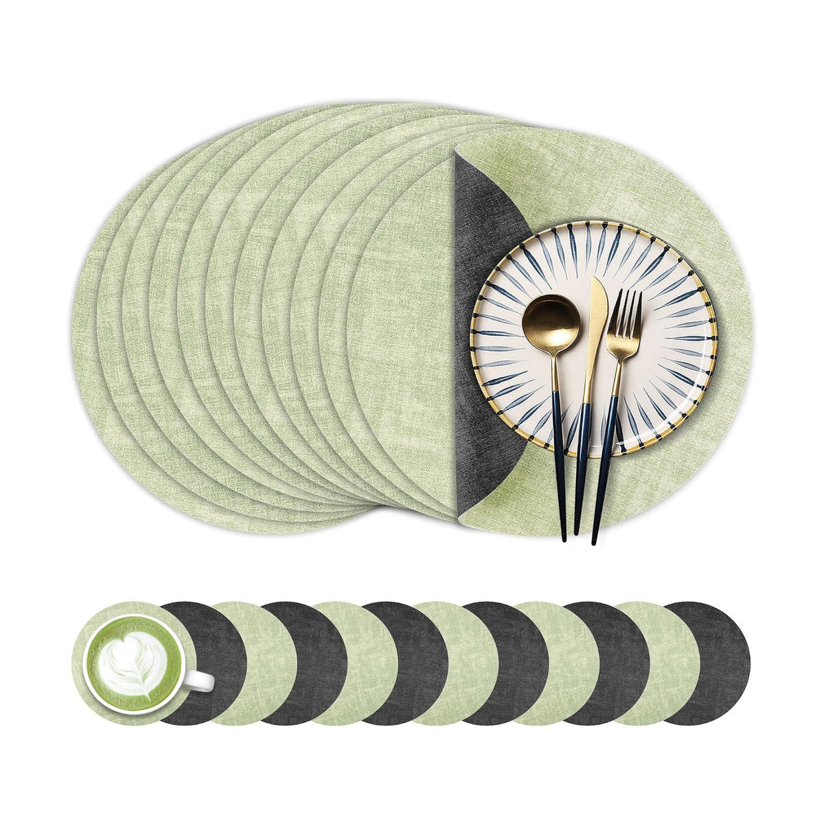 Fyvva Placemats Set of 12, 13" Round Reversible Faux Leather with Coasters | Wipeable & Waterproof Table Mats