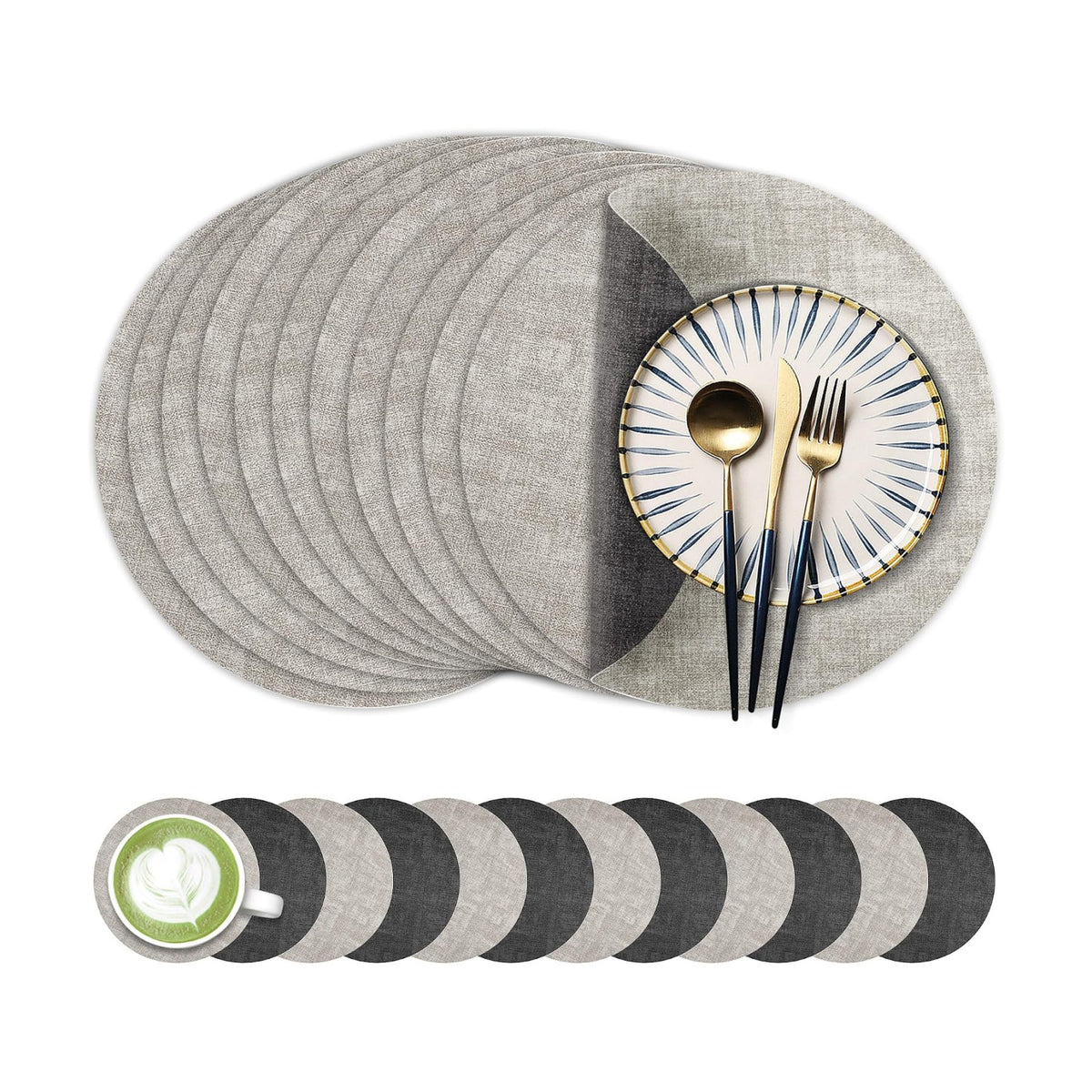 Fyvva Placemats Set of 12, 13" Round Reversible Faux Leather with Coasters | Wipeable & Waterproof Table Mats, Heat