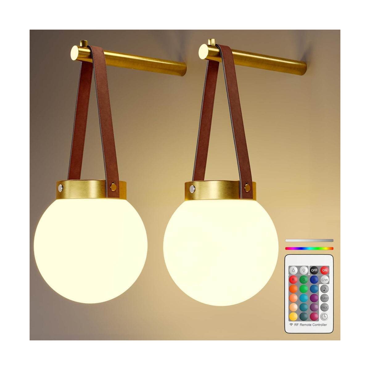 Battery Operated Wall Sconces Set of 2, Gold Wall Lamps for Bedroom with Remote Control Warm/Natural/Daylight/RGB 15