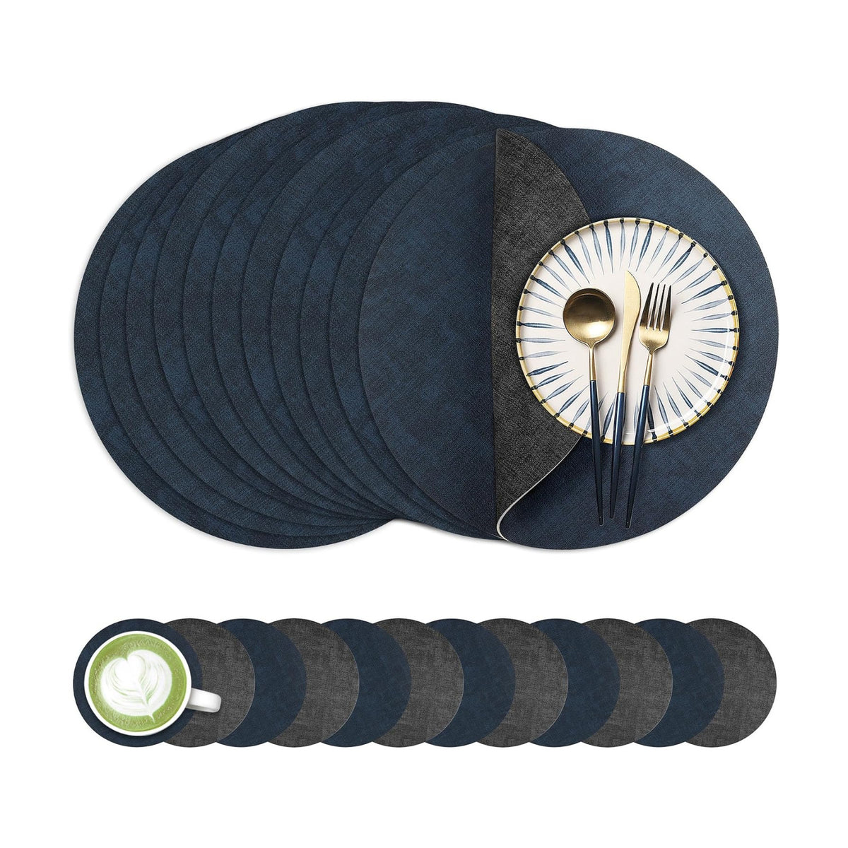 Fyvva Placemats Set of 12, 13" Round Reversible Faux Leather with Coasters | Wipeable & Waterproof Table Mats, Heat