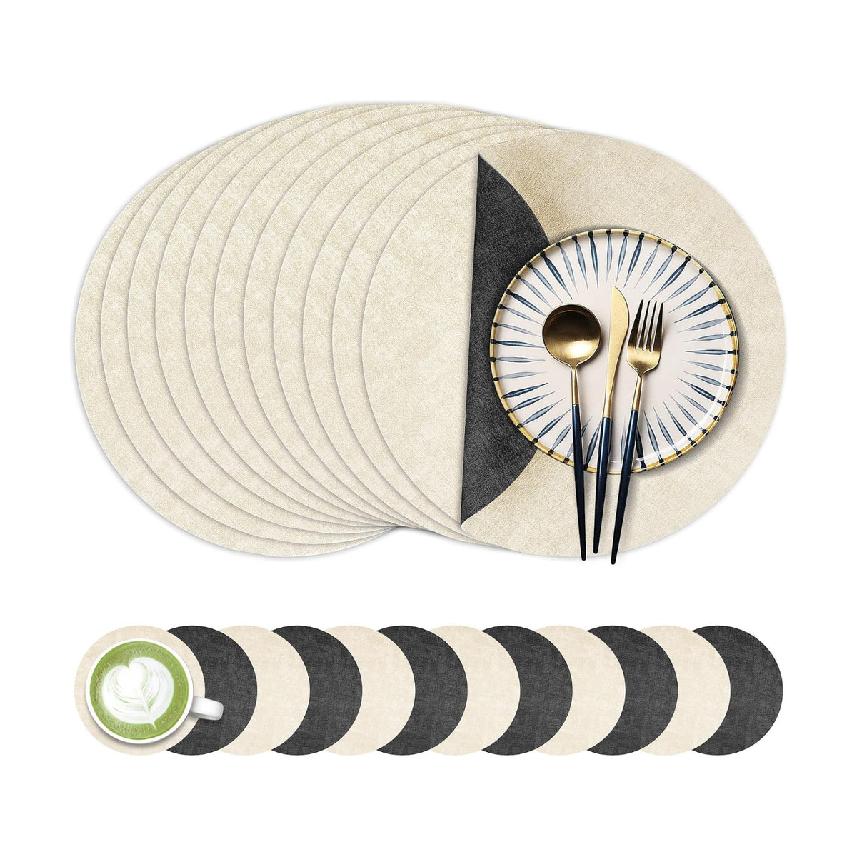Fyvva Placemats Set of 12, 13" Round Reversible Faux Leather with Coasters | Wipeable & Waterproof Table Mats, Heat