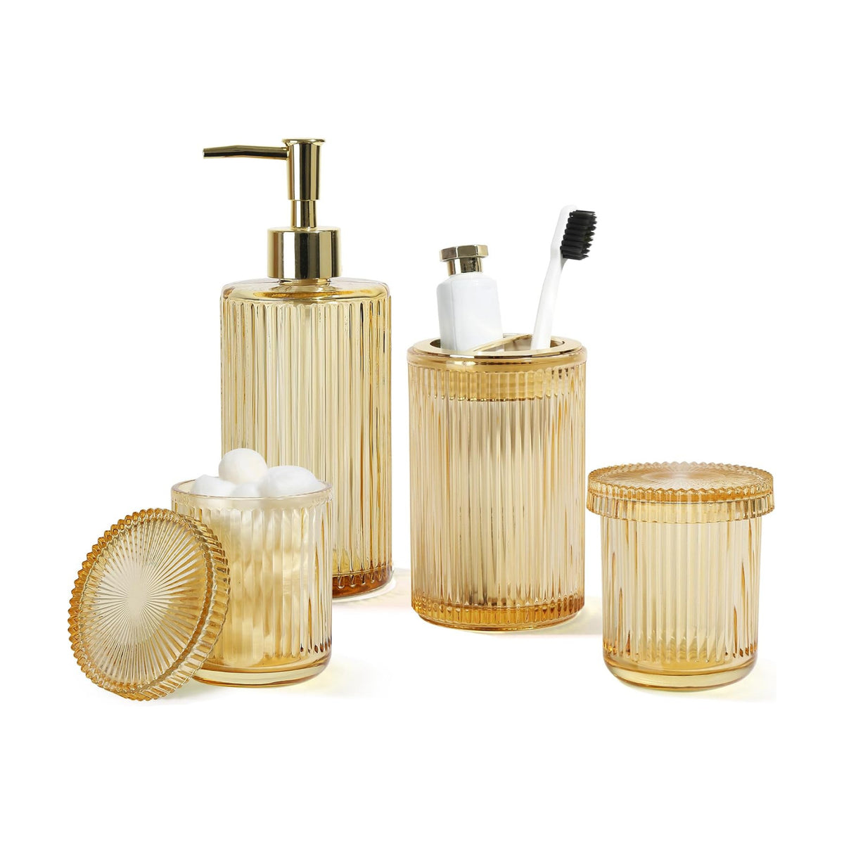 KASUNTING Gold Bathroom Accessories 4 Pcs, Gold Glass Soap Dispenser and Toothbrush Holder Set, Qtip Holder Set, Glass