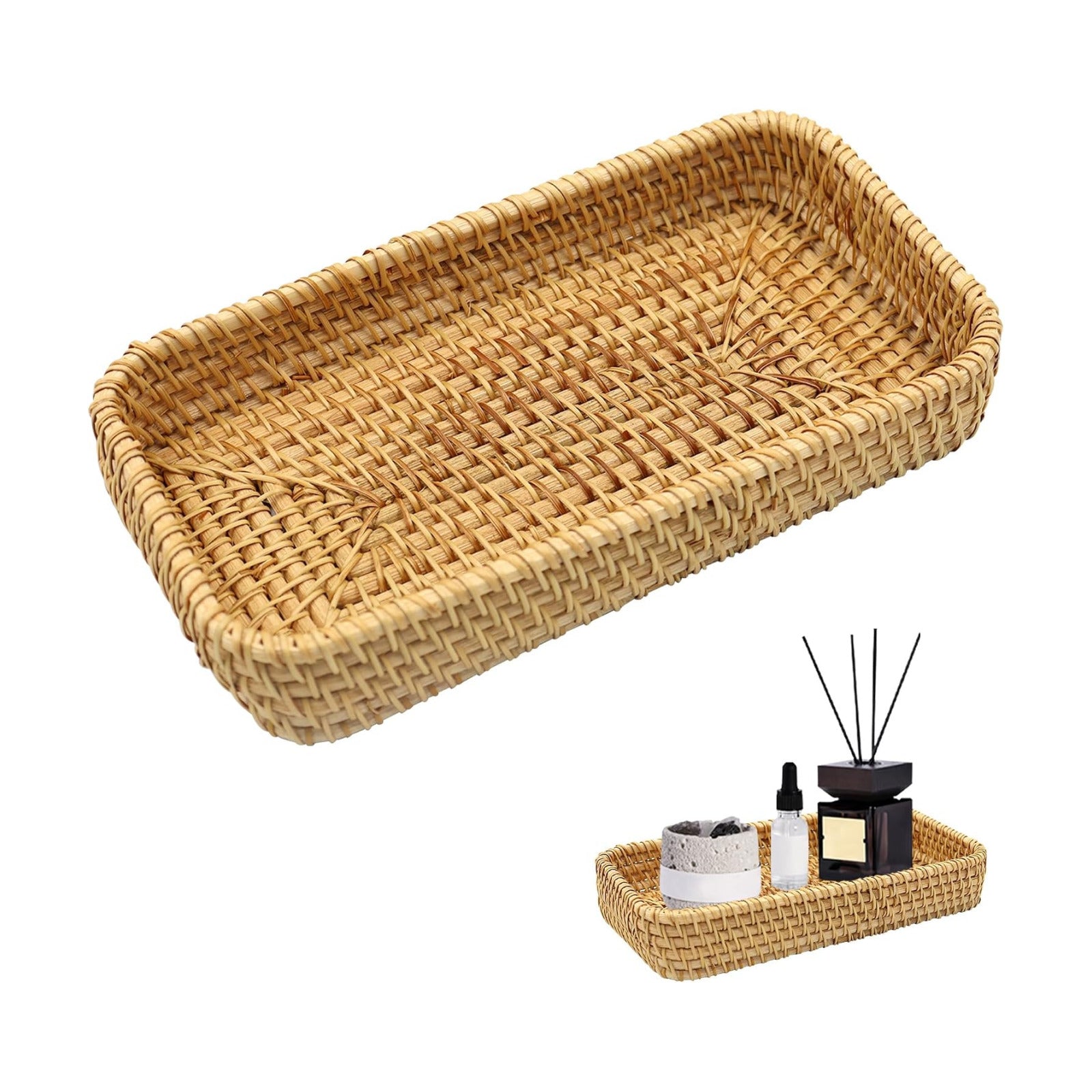 Small Rattan Serving Tray Natural Woven Decorative Serving Tray Entryway Table Basket / Brown