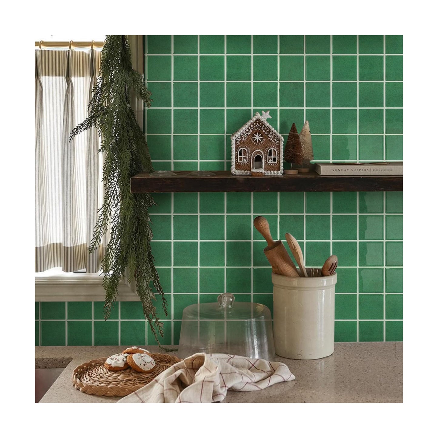 Thicker Peel and Stick Backsplash Tiles- of " -3D Adhesive Glossy / Dark Green / 12 x 12 / Set of 10