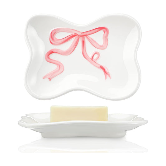 Bow Girls Soap Dish Bathroom Decor Coquette Ceramic Cleaner Dish Bow Soap Holder Aesthetic / Pink