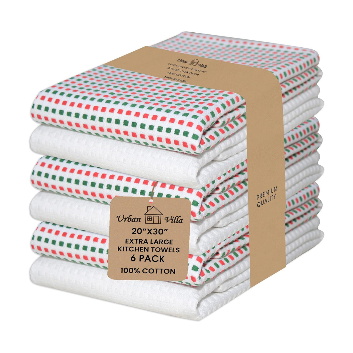 Urban Villa Kitchen Towels Cotton Dish Towels 20”x30” (Set of 6)Red/Grn/Wht