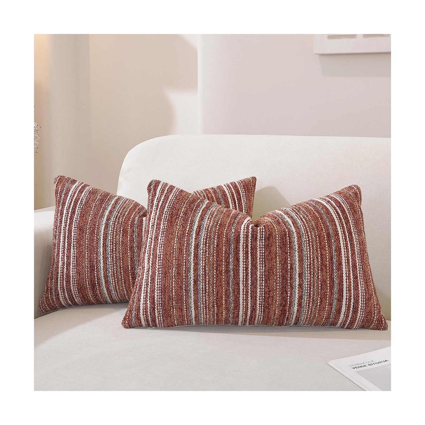 Chenille Red Striped Pillow Case / Wine Red Stripe / 20 x 12 / Set of 2