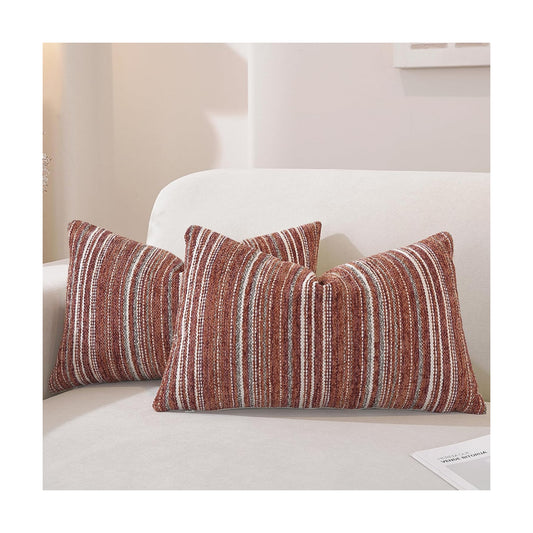 Chenille Red Striped Pillow Case / Wine Red Stripe / 20 x 12 / Set of 2