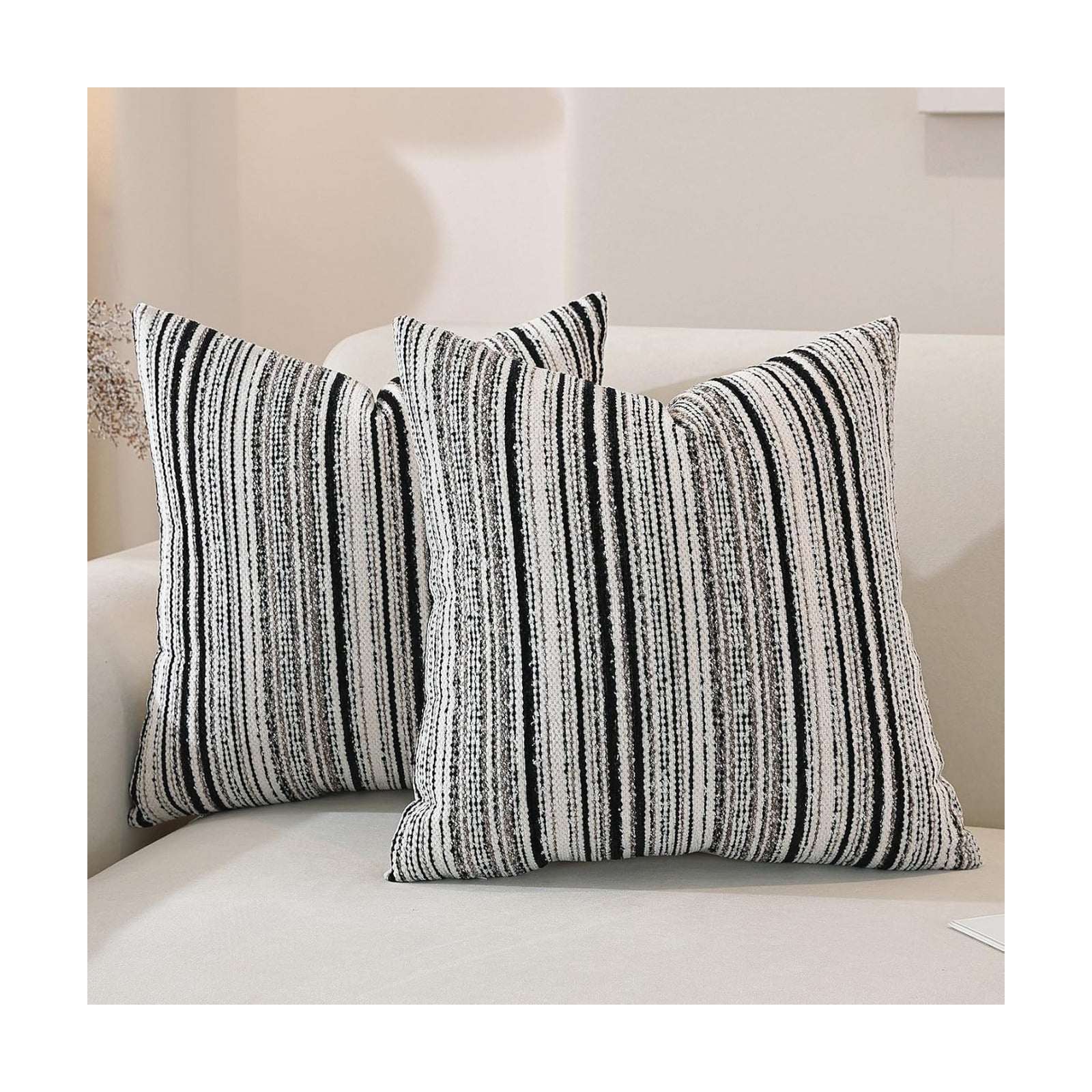 Chenille Throw Decorative Pillow Covers / Black Stripe / 18 x 18 / Set of 2