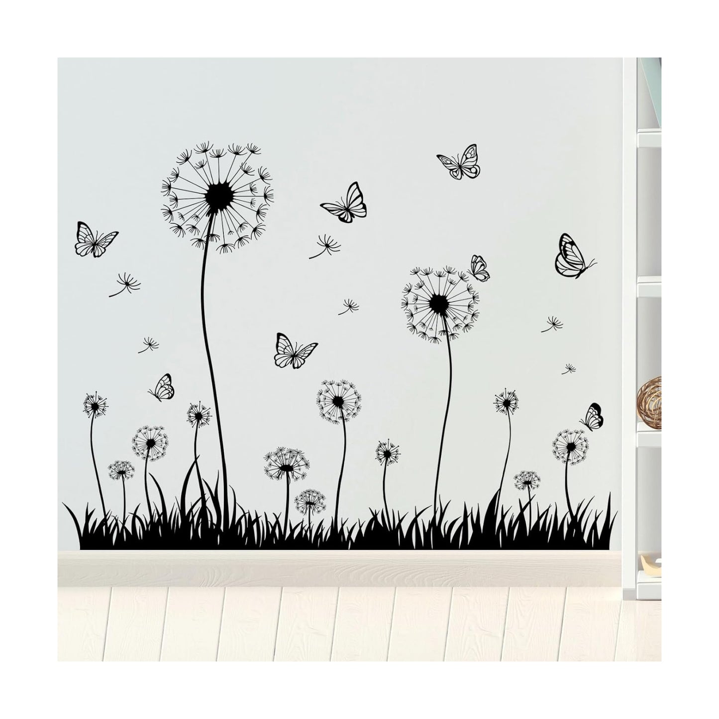 Dandelion and Butterfly Wall Decals Removable and White Nature Vinyl Stickers for Nursery / Black