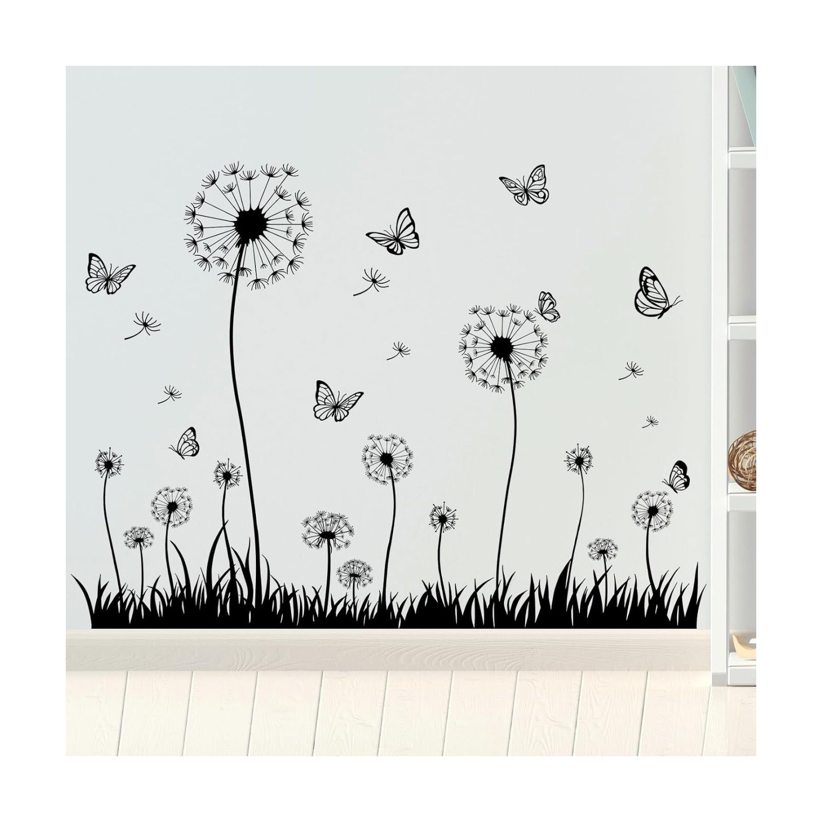 Dandelion and Butterfly Wall Decals Removable and White Nature Vinyl Stickers for Nursery / Black