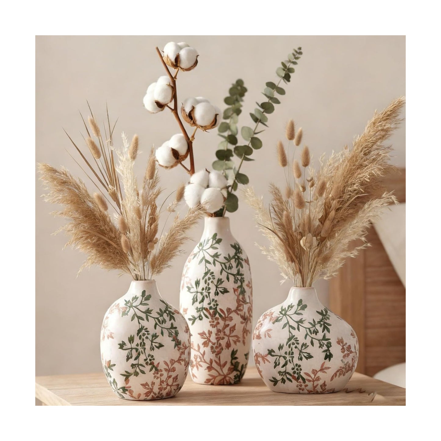 Small Ceramic Vase / Green Floral / Set of 3