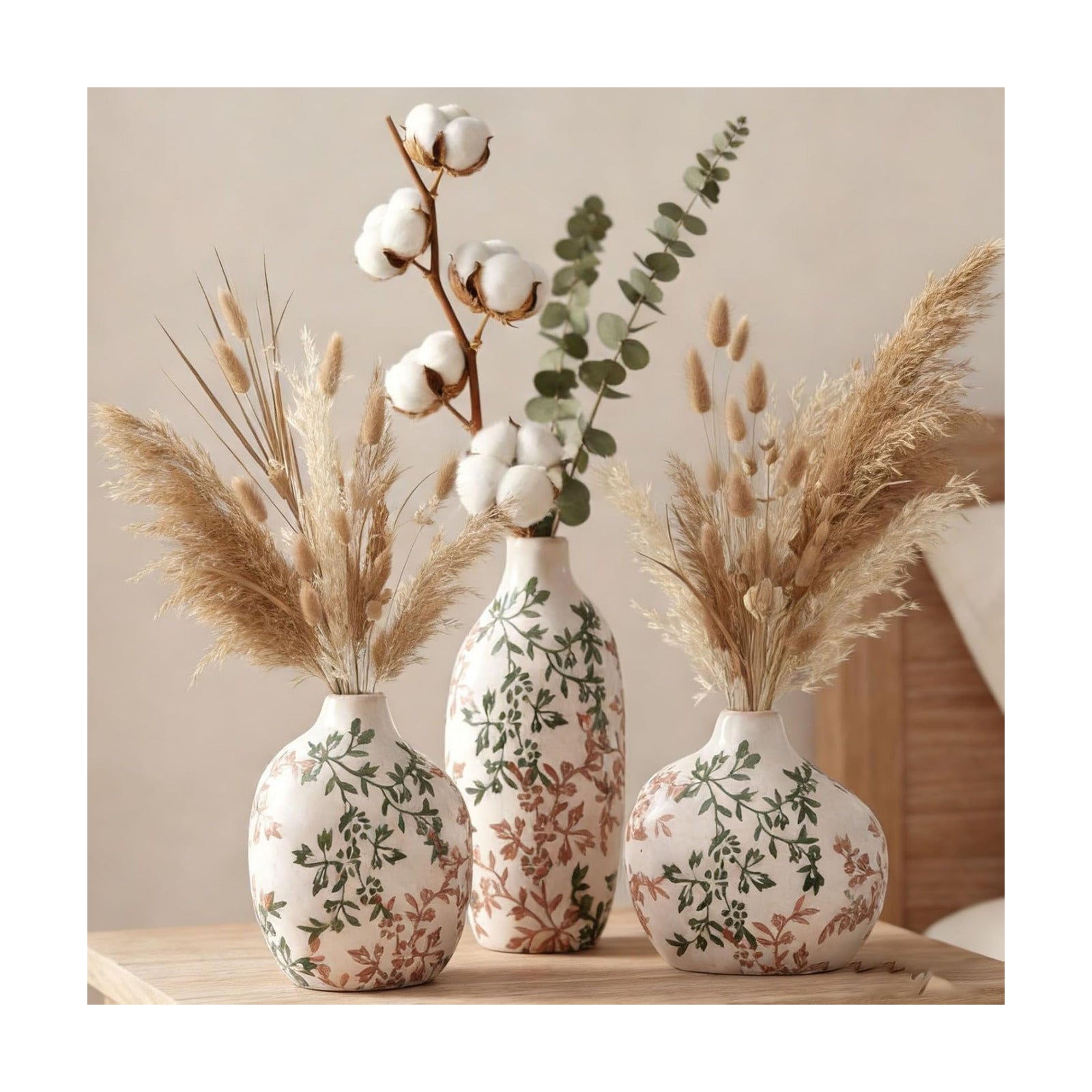 Small Ceramic Vase / Green Floral / Set of 3