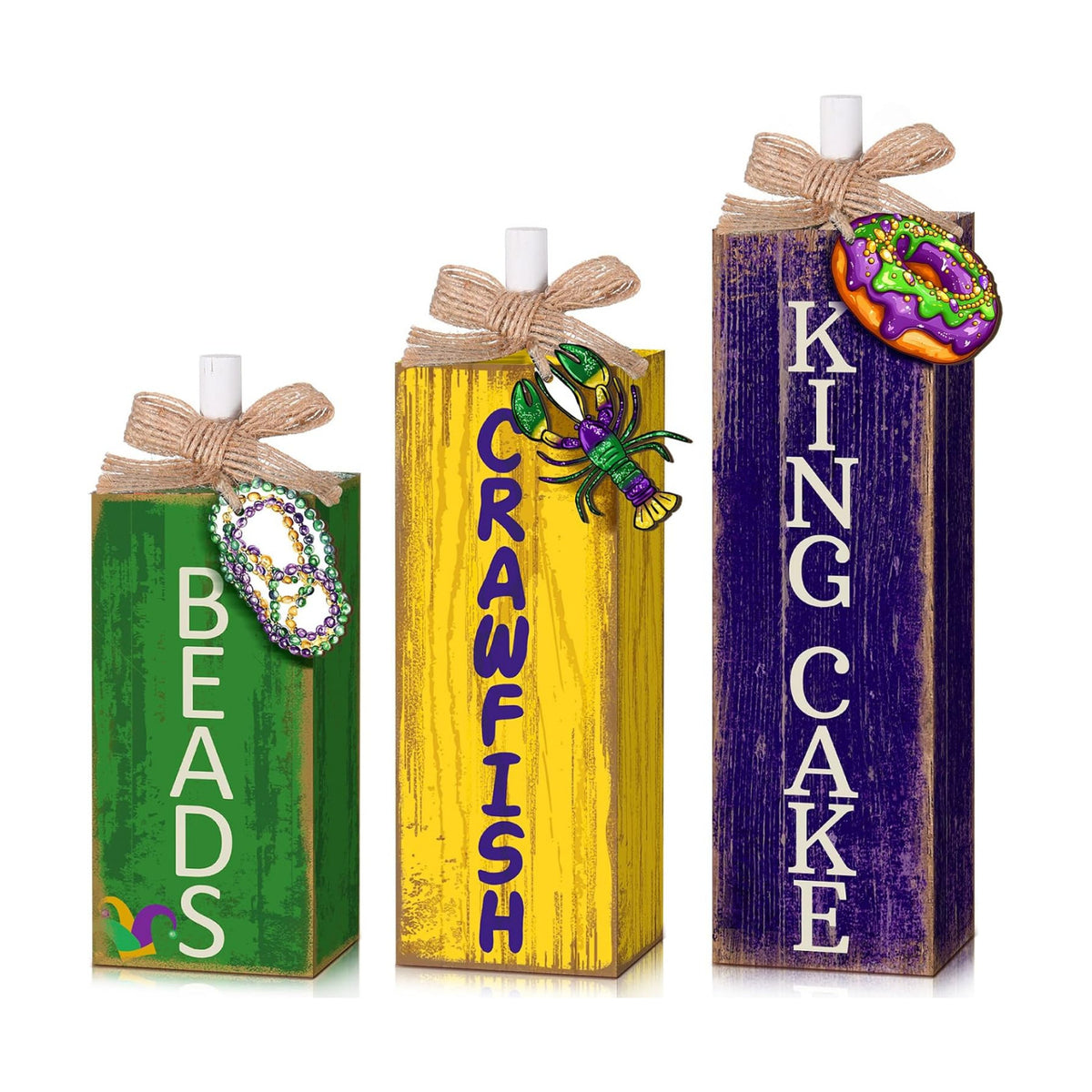 GlikCeil 3 Pcs Mardi Gras Table Decor Carnival Table Centerpiece Decorations Square Wood Mardi Gras Block Sign with Wooden Plaque and Bows for Home Carnival Party Desk Kitchen Decor