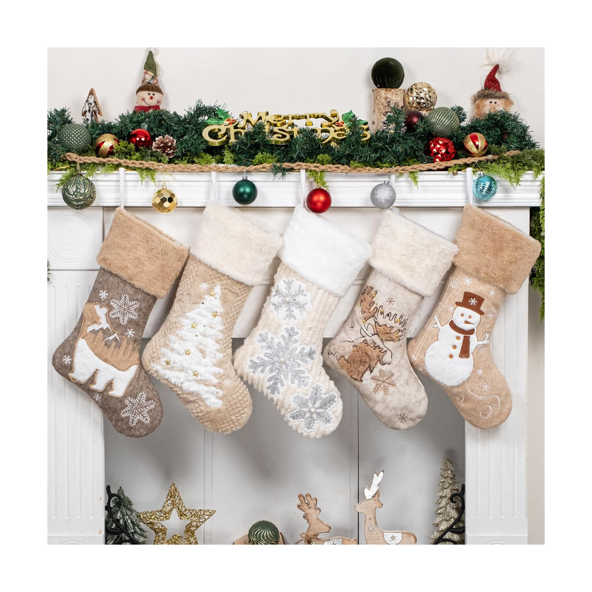 LUBOT 5 Pack Christmas Stockings Soft Large Family Xmas Stocking Set of 5 Embroidered 20" Modern Rustic Farmhouse Country Fireplace Hanging Christmas Decorations