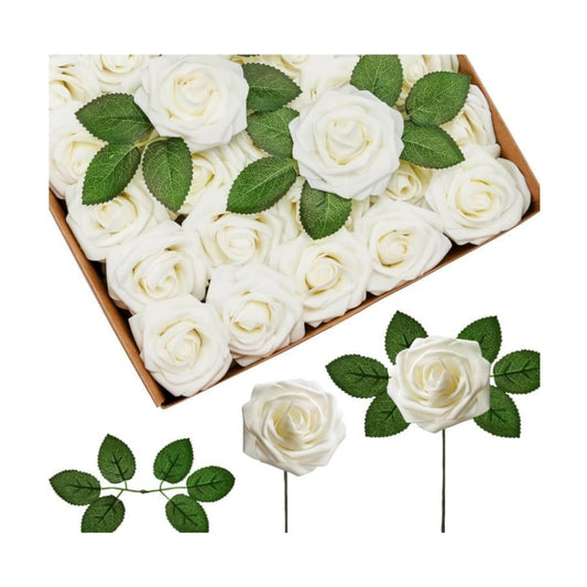 InnoGear Artificial Flowers, 100 Pcs Ivory White Foam Fake Roses Bulk with Stems for Decoration DIY Wedding Bouquets Centerpieces Bridal Shower Party Christmas Tree