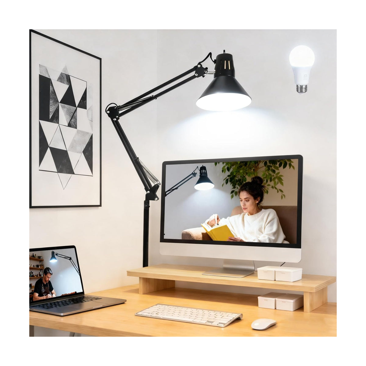 Black Desk Lamp with Clamp, Extra-Tall Adjustable Metal Swing Arm, 5000K | Manicurist Table Lamp for Nail Work