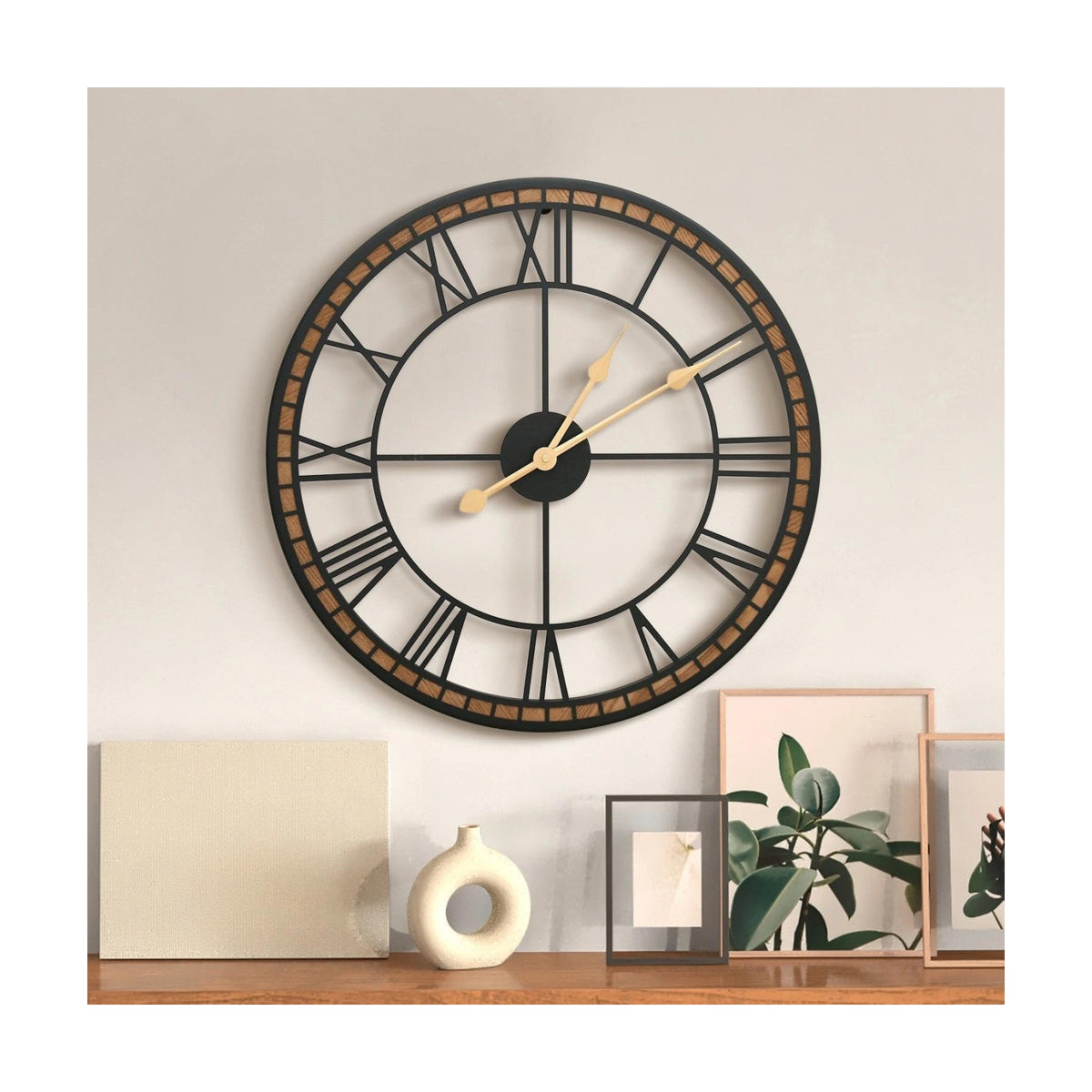 Micasso Modern Farmhouse Decorative Clock: 20 inch Battery Operated | Metal Wood Frame with Metal Center - Roman