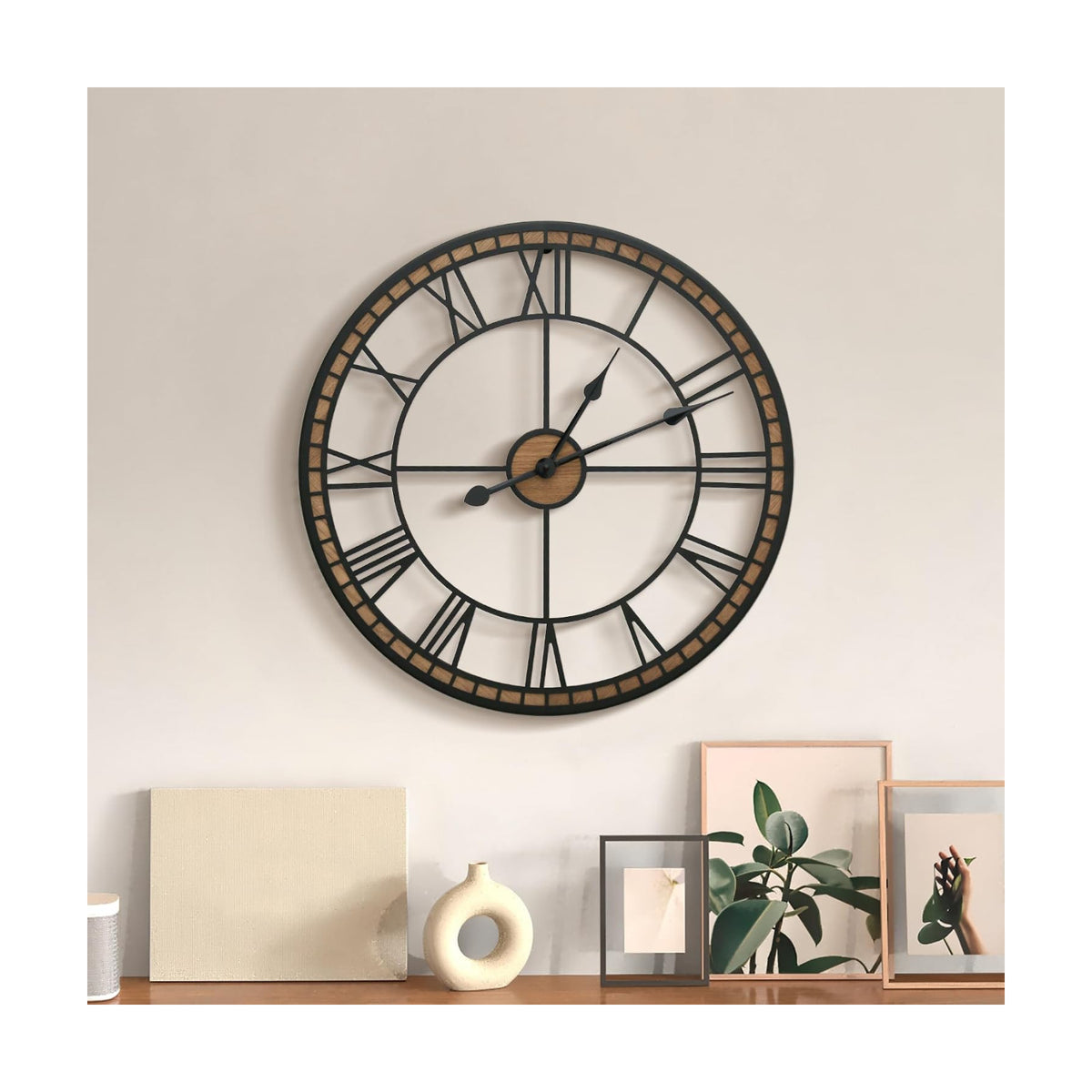 Micasso Decorative Wall Clock: 20 inch Modern Farmhouse Battery Operated | Black Metal with Wood Frame - Roman Numeral
