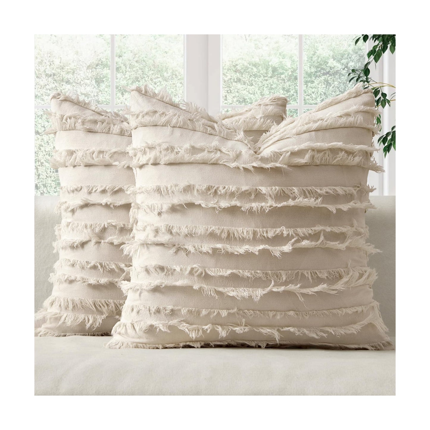 Decorative Boho Throw Pillow Covers Spring Neutral Beige Linen / 18 x 18 / Natural Beige / Set of 2