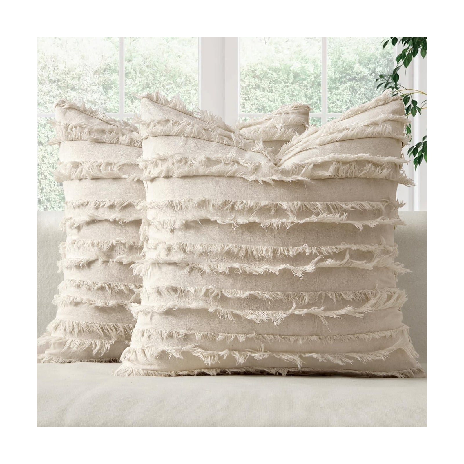 Decorative Boho Throw Pillow Covers Spring Neutral Beige Linen / 18 x 18 / Natural Beige / Set of 2