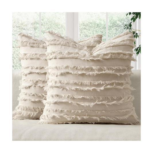 Decorative Boho Throw Pillow Covers Spring Neutral Beige Linen / 18 x 18 / Natural Beige / Set of 2