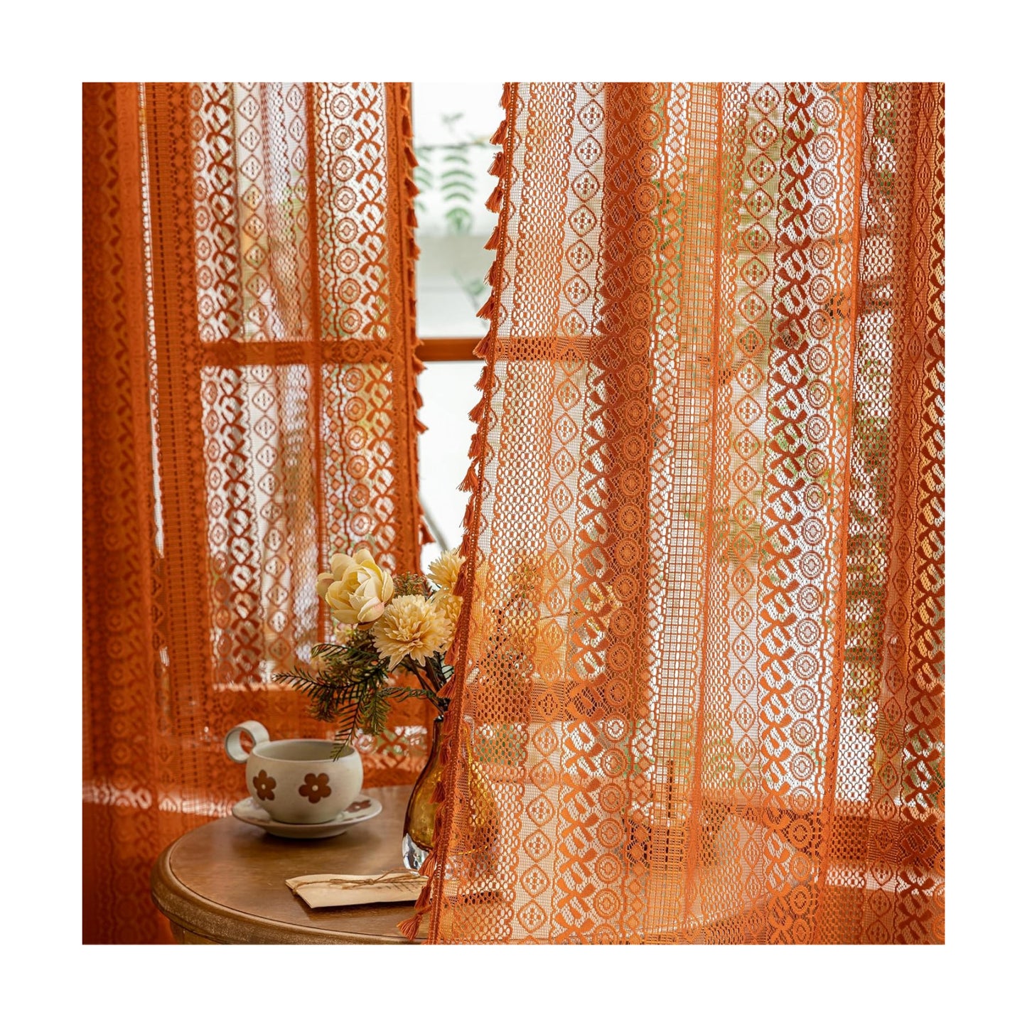 Boho Lace Curtains 2 Panels Long / Terracotta / 50"W x 84"L / Orange / 84 Inch