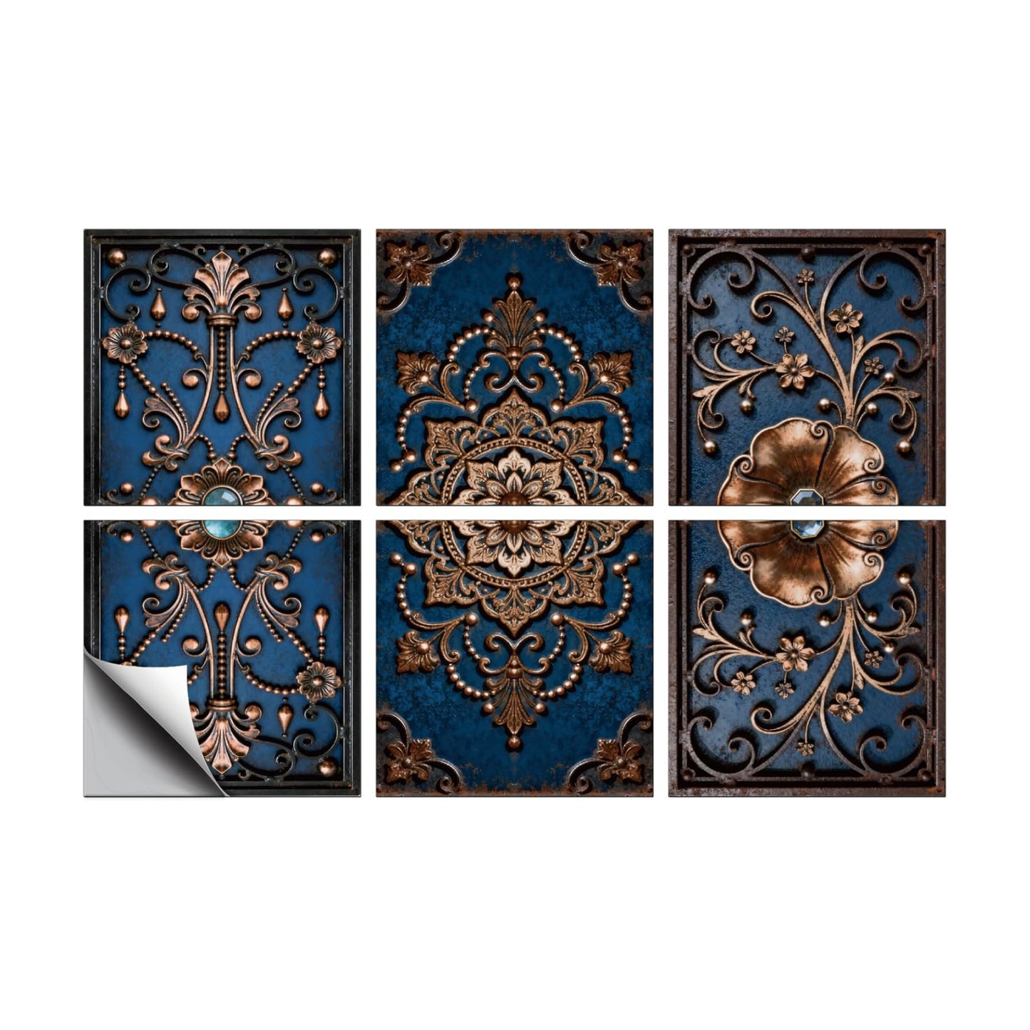 6 Style Wall Stickers Pattern Peel and Stick Wall Tile Sticker / Blue Textured Flowers / Set of 36