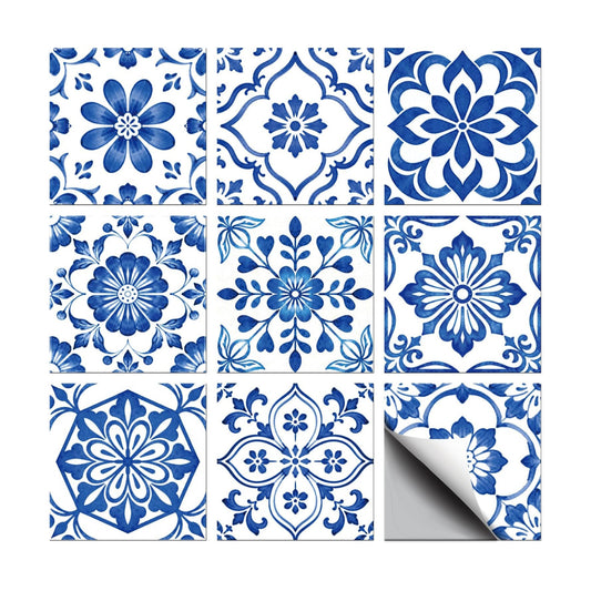 9 Style Textured Flowers Tile Stickers Relief Floral Peel and Stick / Blue and White / Set of 36