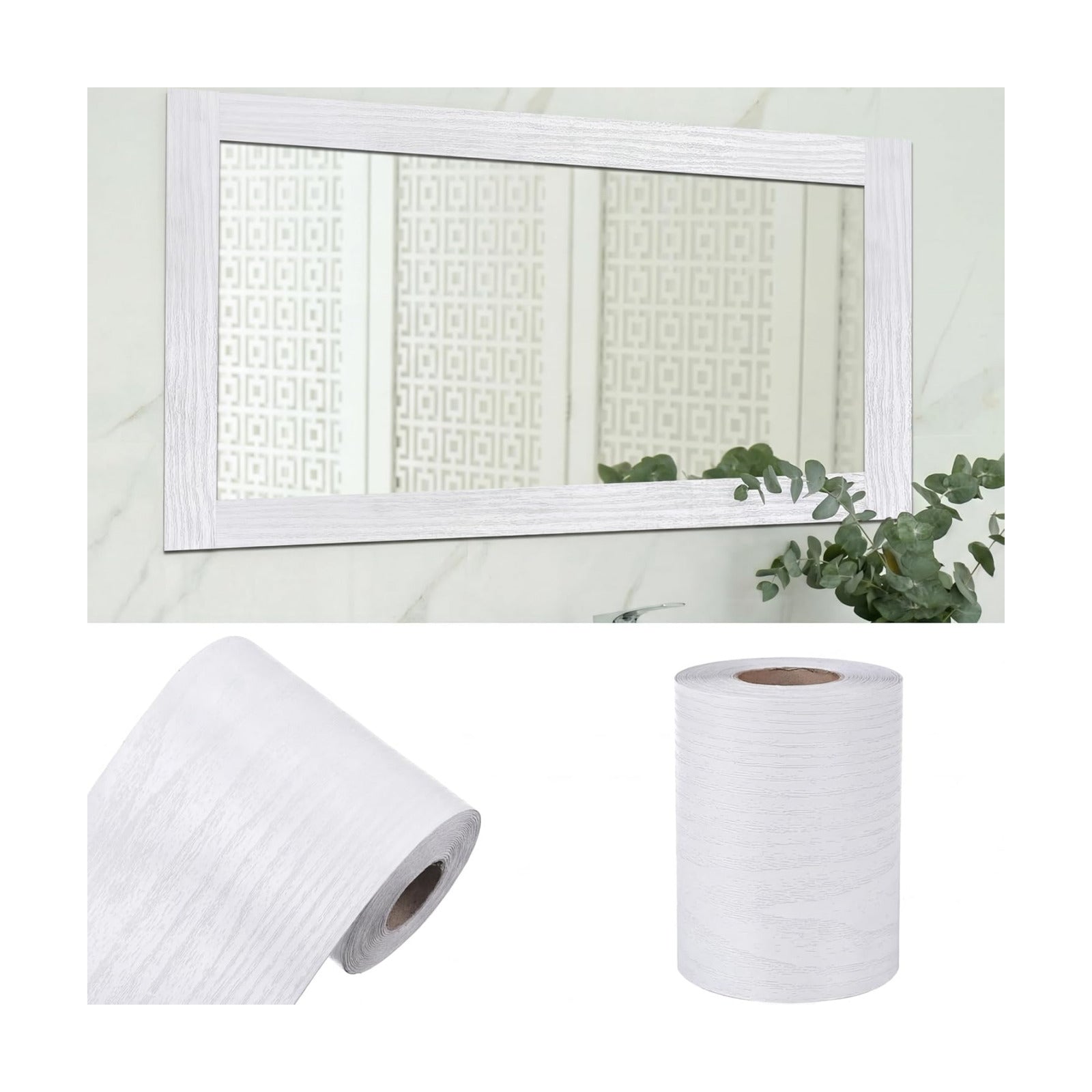 15m Border Wall Decor Peel & Stick Removable PVC Waterproof Bathroom Mirror Frame / White Wood Grain