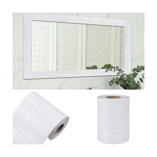 15m Border Wall Decor Peel & Stick Removable PVC Waterproof Bathroom Mirror Frame / White Wood Grain
