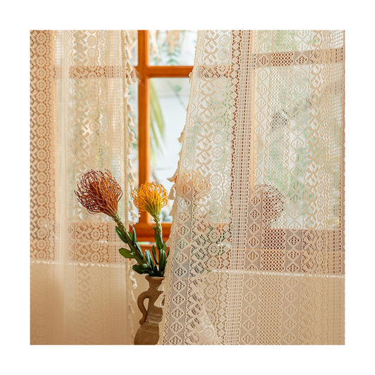 Boho Lace Curtains Long / Beige / 50"W x 84"L / 84 Inch / Set of 2