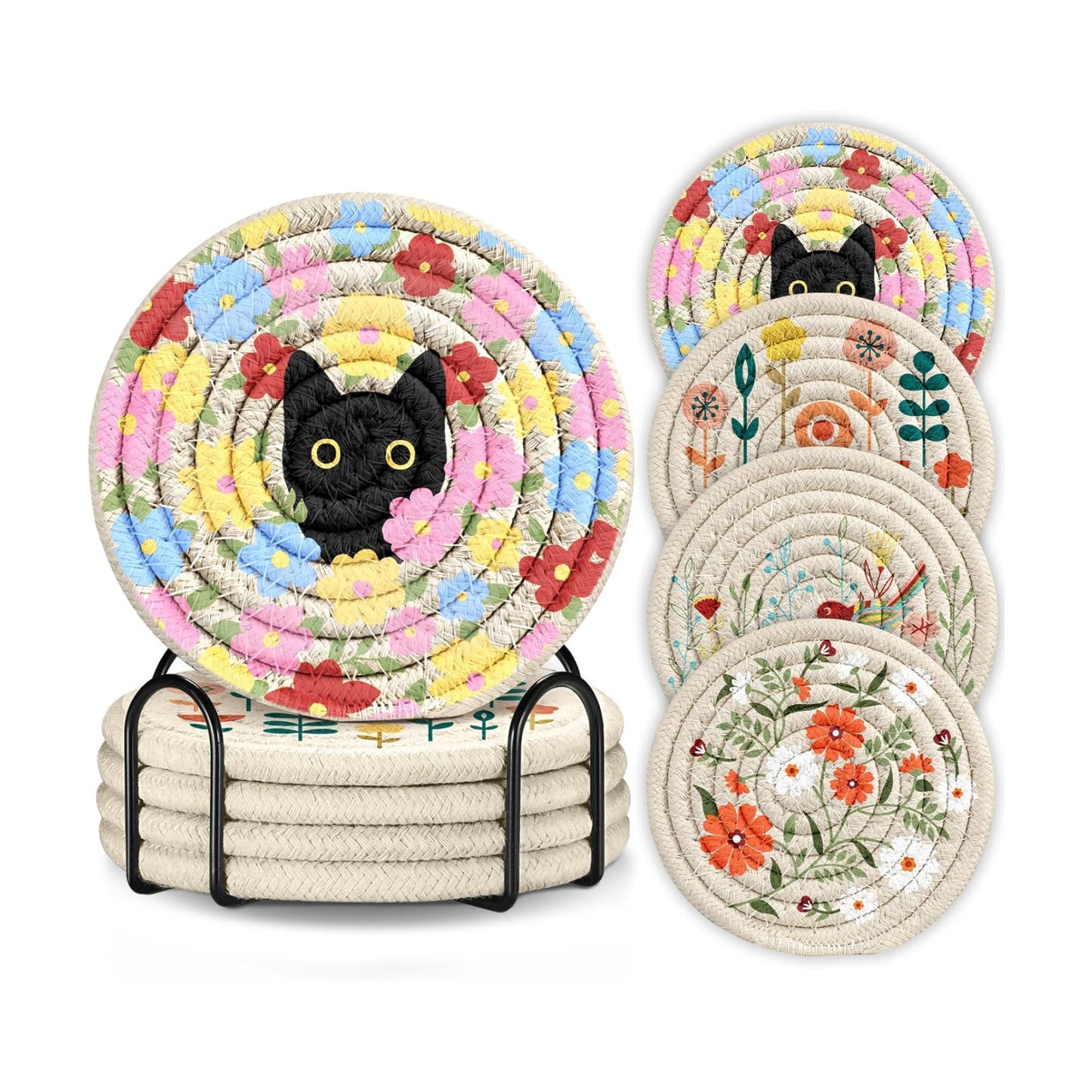 Absorbent Cup Coasters for Drinks Coffee Table Office Home Desk Decor / Cat Flowers Bird / Set of 4