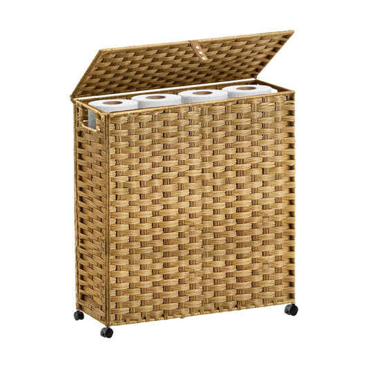 Hiagnete Toilet Paper Storage Basket with Lid and Wheels, Rattan Toilet Paper Holder Storage, Toilet Paper Organizer